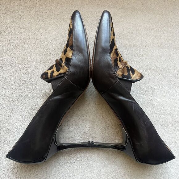 Donald Pliner Toro Brown Leather & Leopard Pony Fur Women’s 9 Heels Pointed Toe - Picture 4 of 16